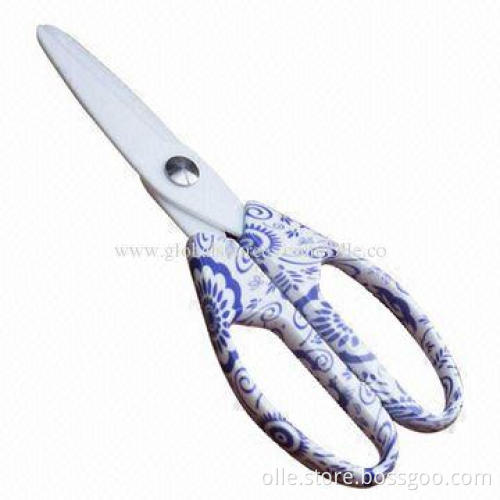 Sanitary Ceramic Blade Kitchen Scissors with Blue and White Porcelain Strips